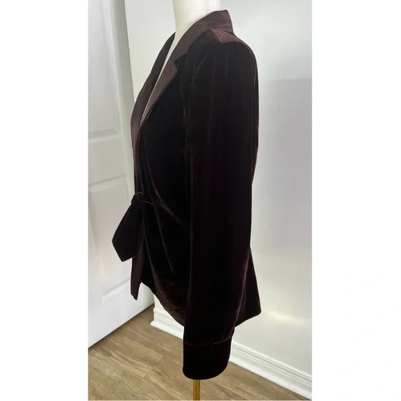 Vintage 90s Espresso Brown Velvet Blazer w/ Satin Shawl Collar & Bow Closure” - Picture 12 of 16